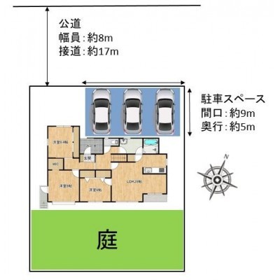 【敷地配置図】駐車場は青空駐車で普通車並列3台可能です。建物