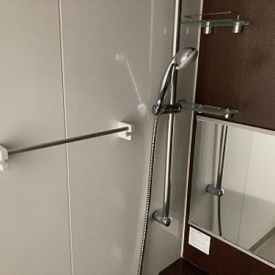 幅広の鏡と調節可能なシャワーヘッド