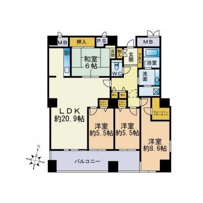 100㎡超の4LDKです。LDK約20.9帖です。