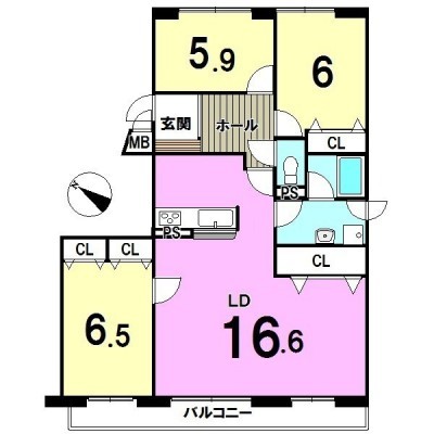 4LDK→3LDKに変更しリビングを広くします。