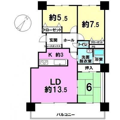 3LDK、対面キッチン、ワイドバルコニー、バストイレ別。