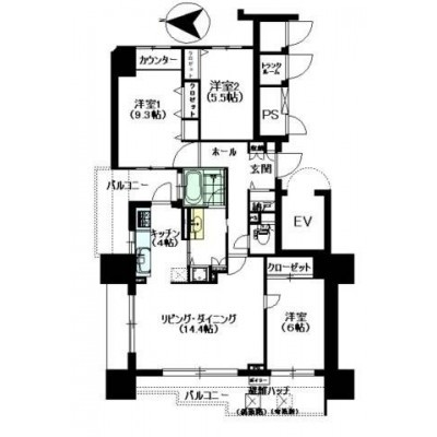 間取り図:9階部分3方角住戸につき日当たり眺望良好