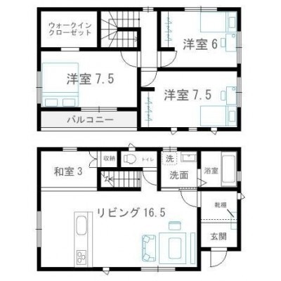 間取り図:リビングの他、3帖の和室、7.5帖の洋室2部屋と6帖...