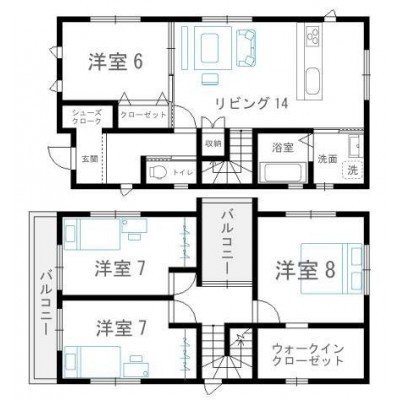 間取り図:14帖のリビングに6帖以上の洋室が4部屋ある4SLDK...