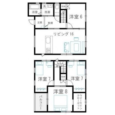 間取り図:玄関から1階洋室や2階へまっすぐ行ける便利な間取...