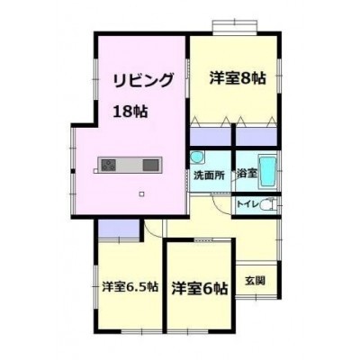 間取り図:18帖の広々リビングに6帖以上の洋室が3部屋ある3LD...
