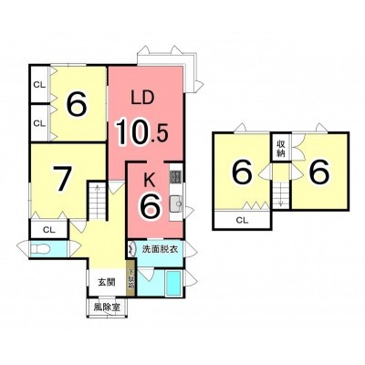 4LDK、1階に居室2部屋がある間取り、全室6帖以上です。