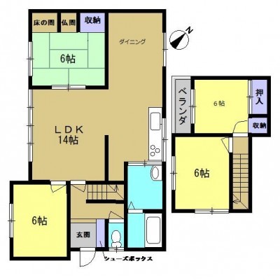 4LDKの住宅です。一部間取り変更してお風呂を一坪サイズに拡