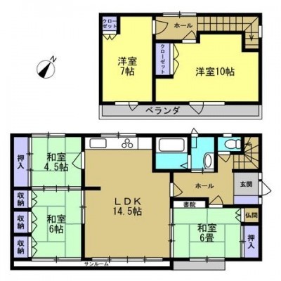 【間取図】1階に3室、2階に2室の5LDK。南東向きで陽当り