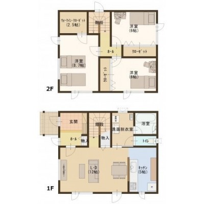 3LDK:1F LD12帖 K5帖/2F 洋室8.7帖 洋室6帖 洋室6帖