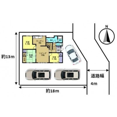 【配置図】駐車場は縦列で普通車2台、横付けで軽自動車1台可能